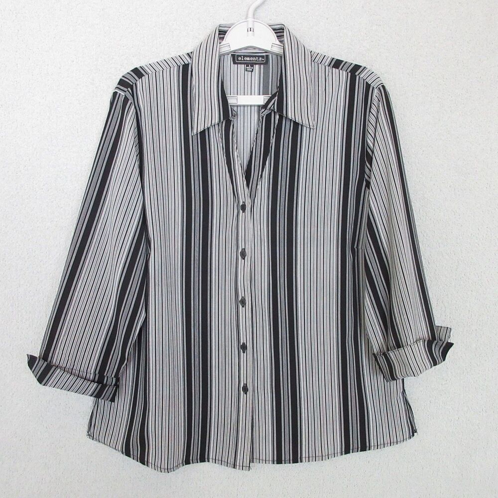 elementz Shirt Womens L Black White Vertical Stripe‎ Button Stretch Long Sleeve